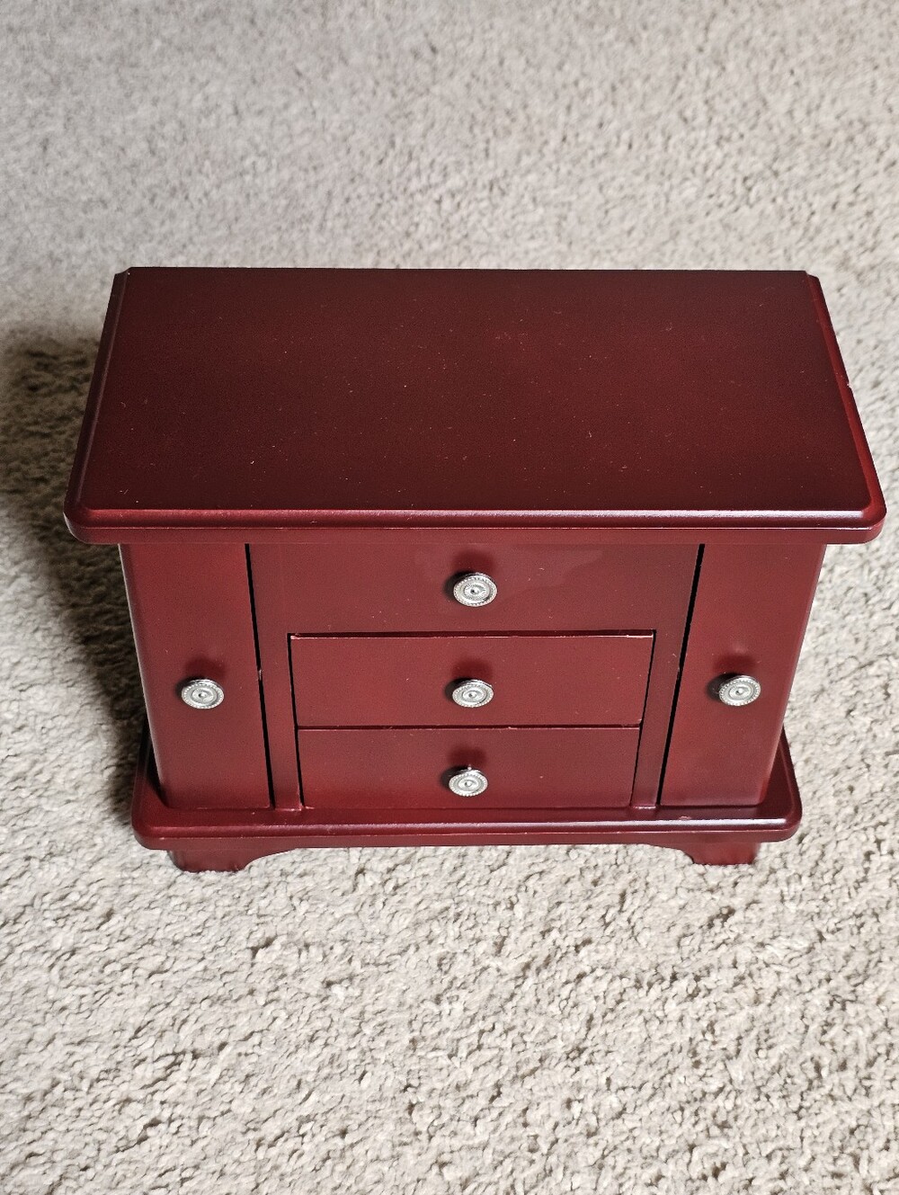 Red Cherry Wood Jewelry Box Organizer with Mirror 2 Drawers 2 Side Compartments
